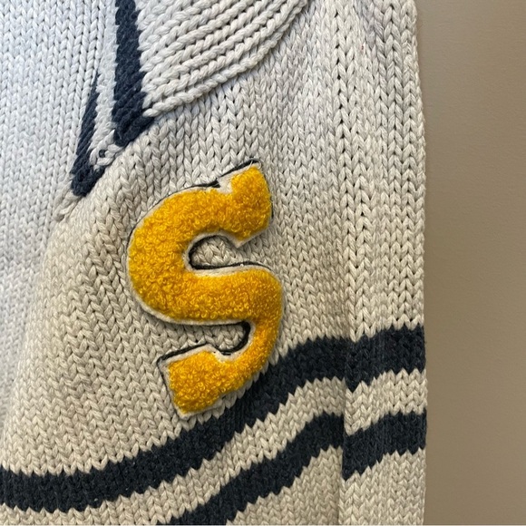 Vintage V-Neck Sweater with Navy Stripes & Compass Arm Patches - Picture 4 of 9